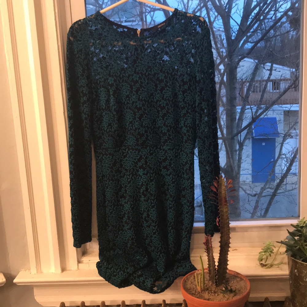 FINAL SALE Dark Green Lace Mini Dress Long Sleeve